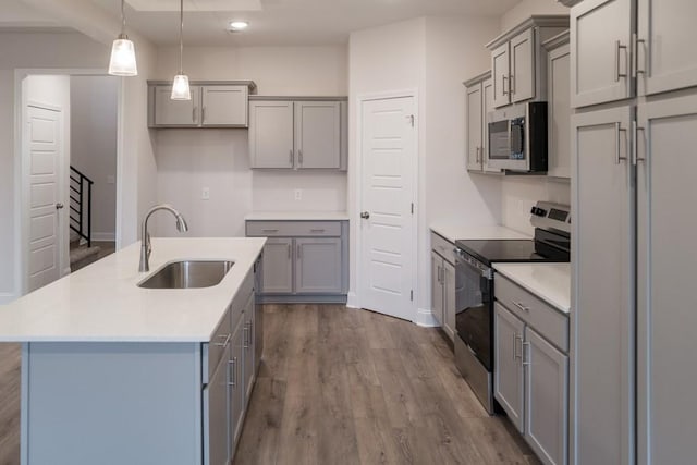 kitchen featuring dark wood finished floors, a kitchen island with sink, gray cabinets, a sink, and stainless steel appliances