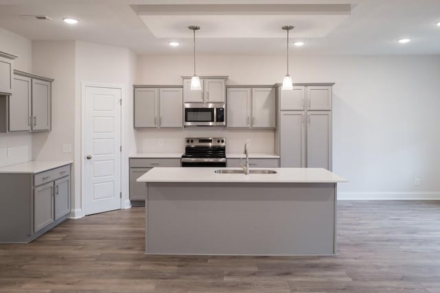 kitchen with a sink, gray cabinetry, dark wood-style flooring, and stainless steel appliances