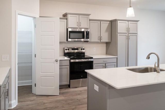 kitchen with gray cabinetry, wood finished floors, appliances with stainless steel finishes, and a sink