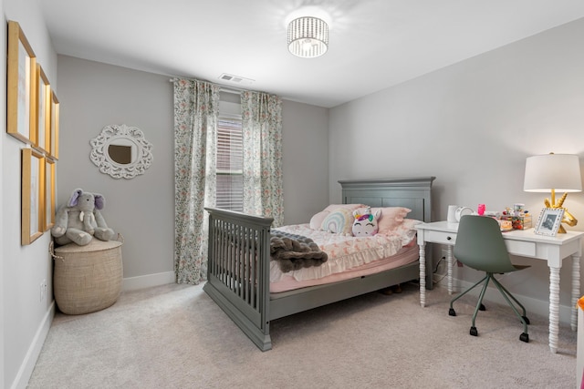 bedroom with carpet flooring, baseboards, and visible vents