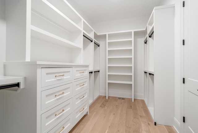 spacious closet with a barn door and light wood-style flooring