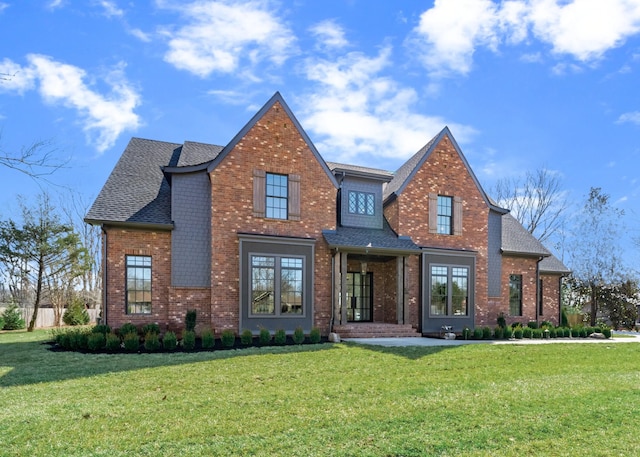 view of front of property featuring brick siding, a front lawn, and a shingled roof