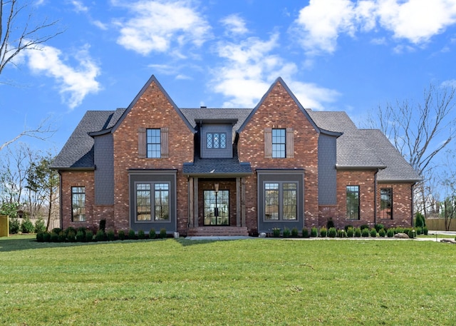 view of front facade featuring brick siding, a front lawn, and roof with shingles