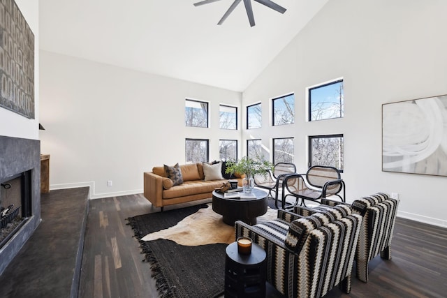 living room featuring wood finished floors, a fireplace, and baseboards