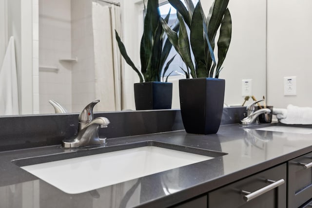 interior details featuring vanity and a shower with shower curtain