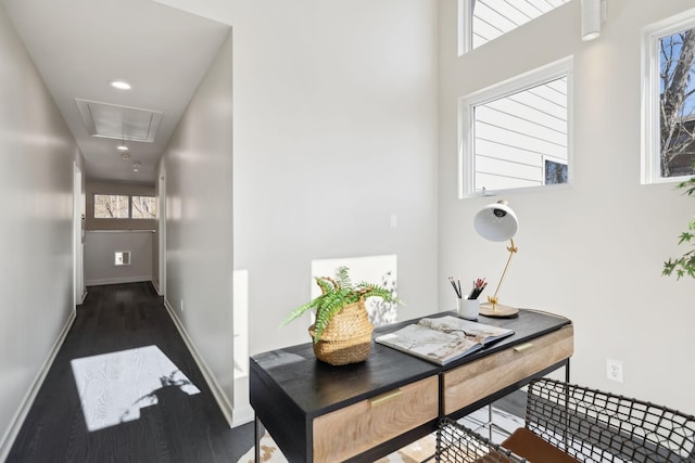 office area with recessed lighting, attic access, baseboards, and wood finished floors