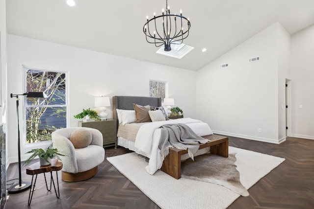 bedroom featuring recessed lighting, visible vents, baseboards, and high vaulted ceiling