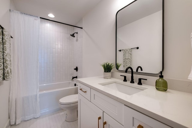 bathroom with vanity, shower / bathtub combination with curtain, recessed lighting, tile patterned floors, and toilet