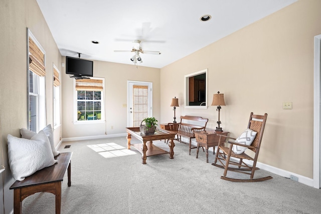 sitting room with recessed lighting, baseboards, ceiling fan, and carpet flooring