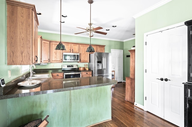 kitchen featuring a sink, crown molding, appliances with stainless steel finishes, a peninsula, and dark wood-style flooring