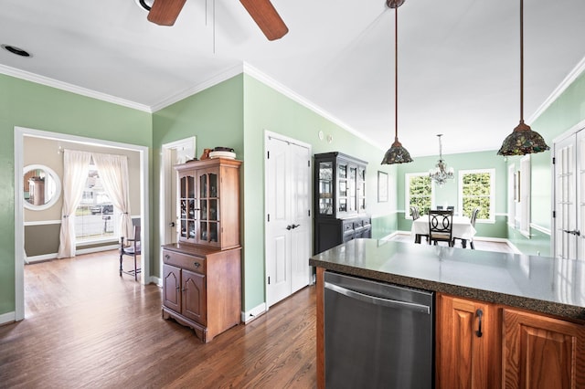 kitchen featuring dark wood-style floors, baseboards, ornamental molding, dishwasher, and brown cabinets