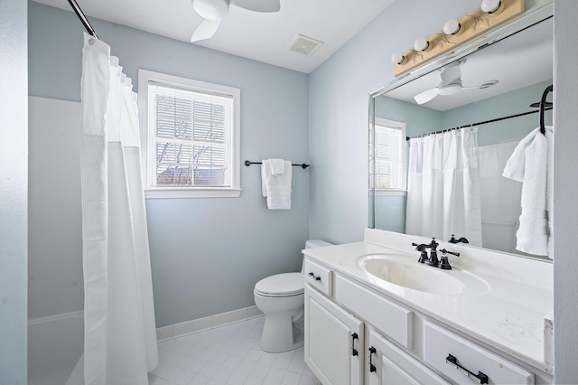 full bath featuring vanity, a ceiling fan, visible vents, baseboards, and toilet