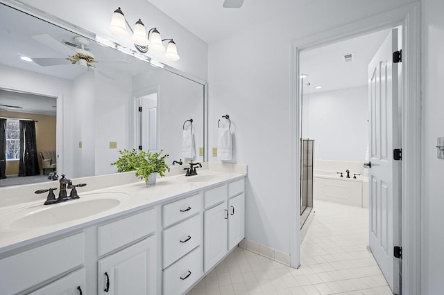 full bath with tile patterned flooring, double vanity, visible vents, and a sink