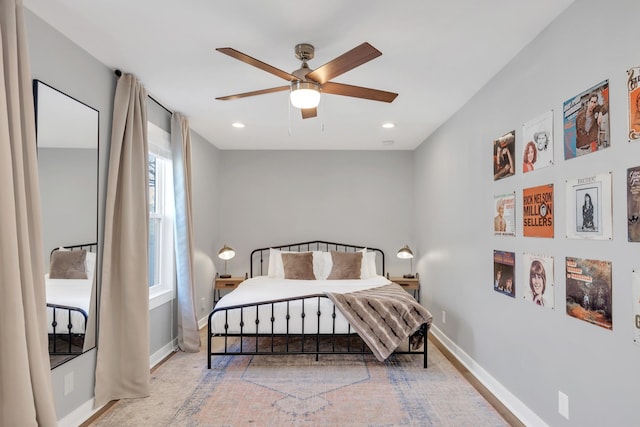 bedroom featuring recessed lighting, baseboards, and a ceiling fan