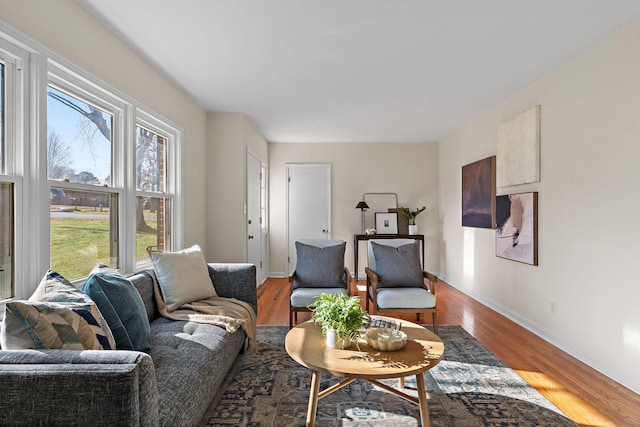 living area with baseboards and wood finished floors