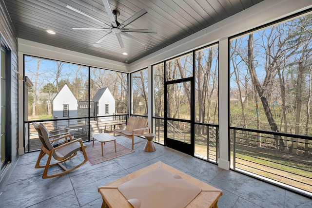 sunroom / solarium featuring wood ceiling and ceiling fan