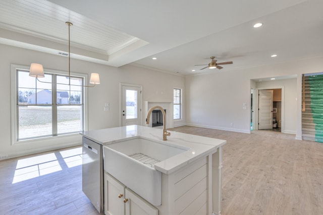 kitchen featuring a sink, recessed lighting, light wood-type flooring, and stainless steel dishwasher