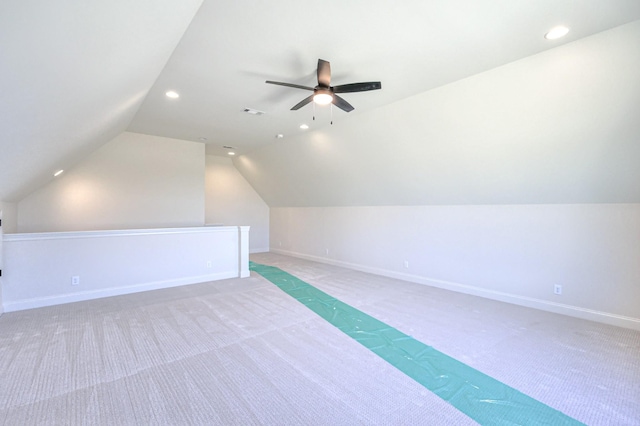 bonus room with lofted ceiling, recessed lighting, carpet, baseboards, and ceiling fan