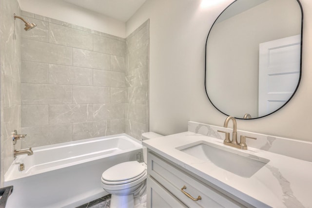 full bath featuring shower / bathing tub combination, toilet, and vanity