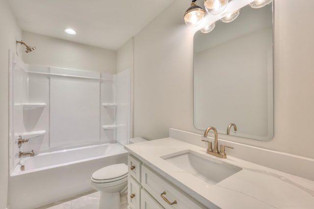 full bathroom featuring vanity, recessed lighting, tile patterned flooring, bathing tub / shower combination, and toilet