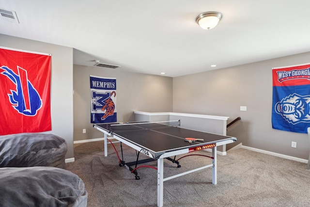 rec room with recessed lighting, visible vents, baseboards, and carpet