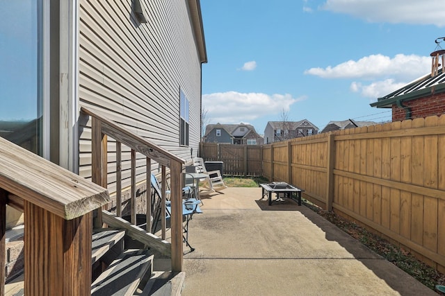 view of patio / terrace featuring a residential view and a fenced backyard