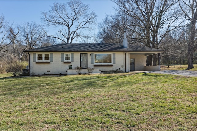 single story home with a front lawn, brick siding, driveway, and crawl space