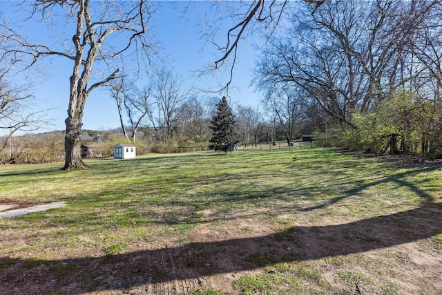 view of yard with an outbuilding and a shed