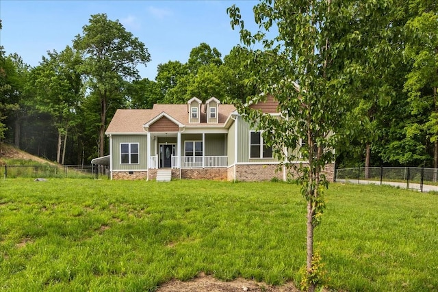 view of front facade with a porch, crawl space, and board and batten siding