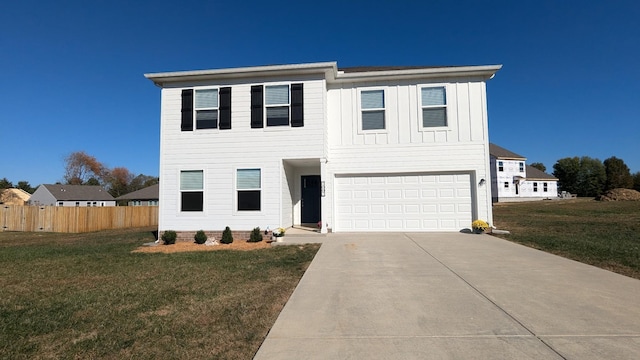 view of front of house featuring fence, board and batten siding, concrete driveway, an attached garage, and a front yard