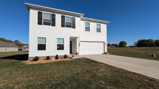 view of front facade featuring a garage, board and batten siding, concrete driveway, and a front yard