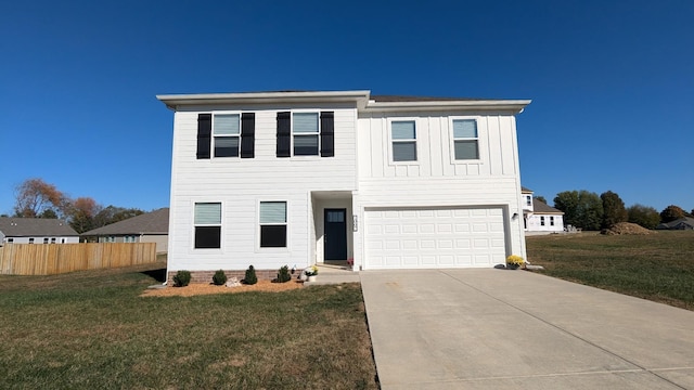 view of front of home with a front lawn, fence, board and batten siding, and driveway