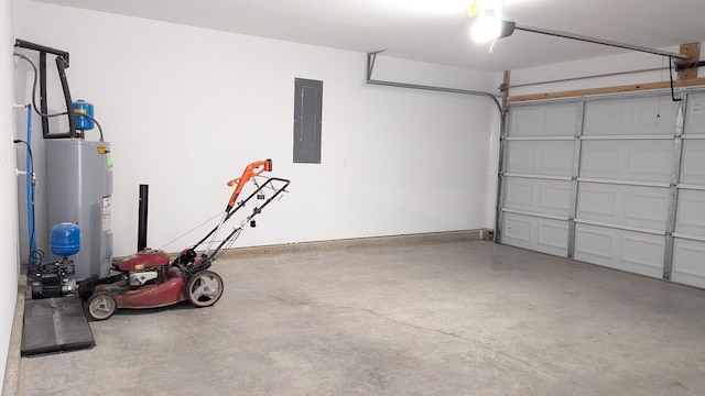 garage with electric panel and water heater