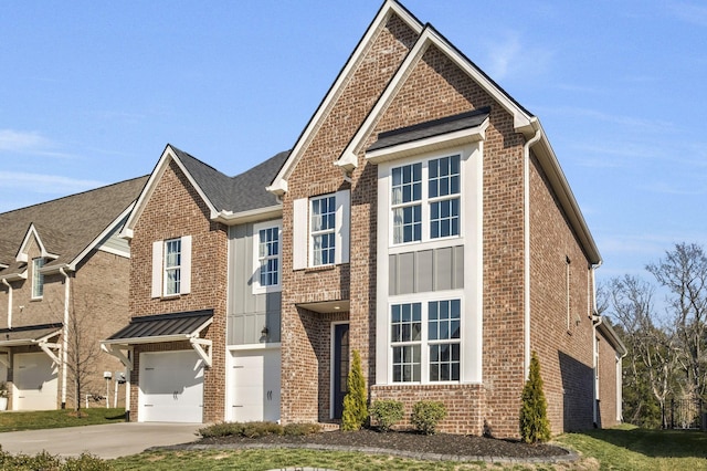 view of front of house with concrete driveway, brick siding, and board and batten siding