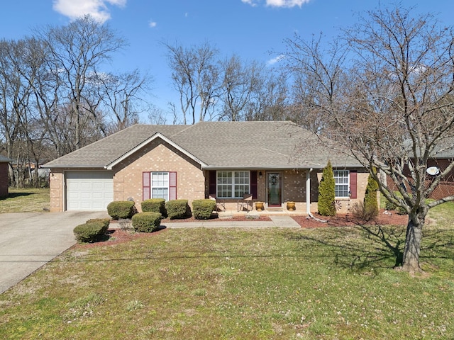 ranch-style house with driveway, a front lawn, and a shingled roof