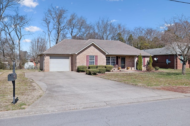 ranch-style home with a front lawn, brick siding, driveway, and roof with shingles