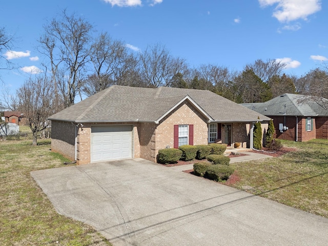 ranch-style house featuring brick siding, driveway, a front lawn, and a garage