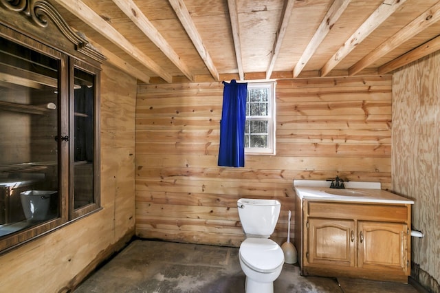 bathroom featuring toilet, wood walls, and vanity