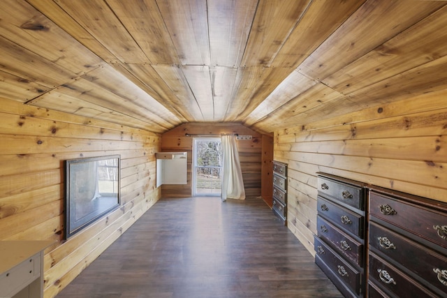 additional living space featuring dark wood finished floors, lofted ceiling, wooden walls, and wood ceiling