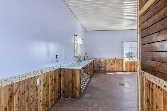 bathroom with wooden walls, a wainscoted wall, concrete floors, and a sink