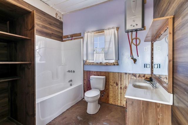 full bathroom with toilet, water heater, wooden walls, concrete floors, and wainscoting