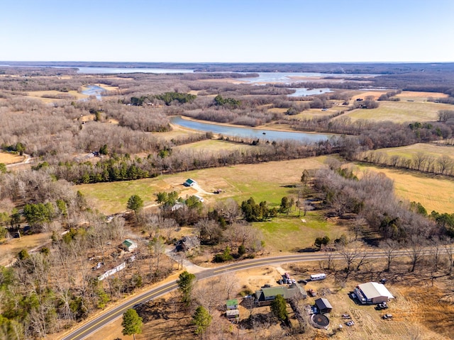 bird's eye view with a water view and a rural view