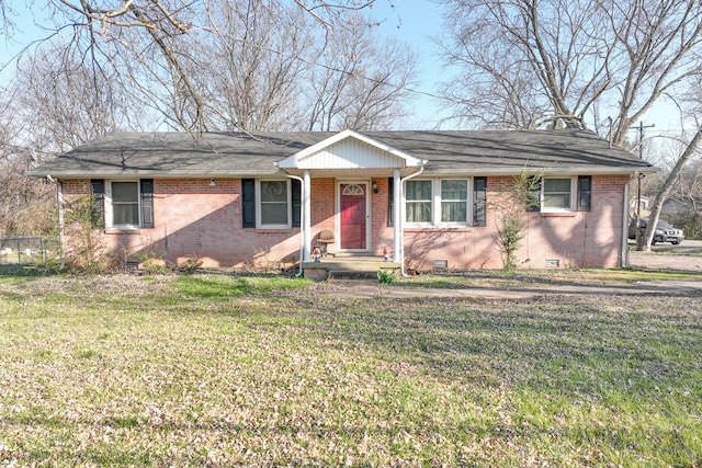 ranch-style house with crawl space, brick siding, a front lawn, and a shingled roof