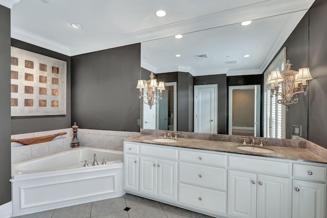 full bathroom with a sink, visible vents, tile patterned floors, and crown molding