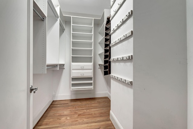 walk in closet with light wood-style floors