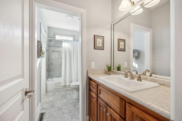 bathroom featuring visible vents, toilet, vanity, and shower / bath combination with curtain