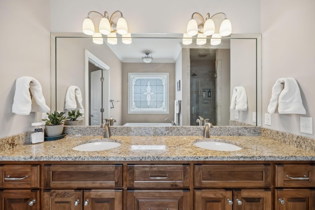 bathroom with double vanity, crown molding, a stall shower, and a sink