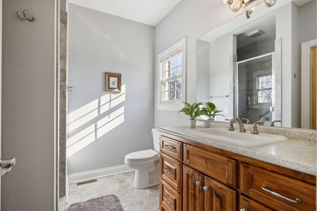 full bath featuring visible vents, baseboards, toilet, an enclosed shower, and vanity