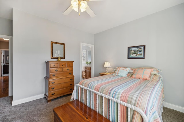 bedroom featuring carpet, baseboards, and ceiling fan