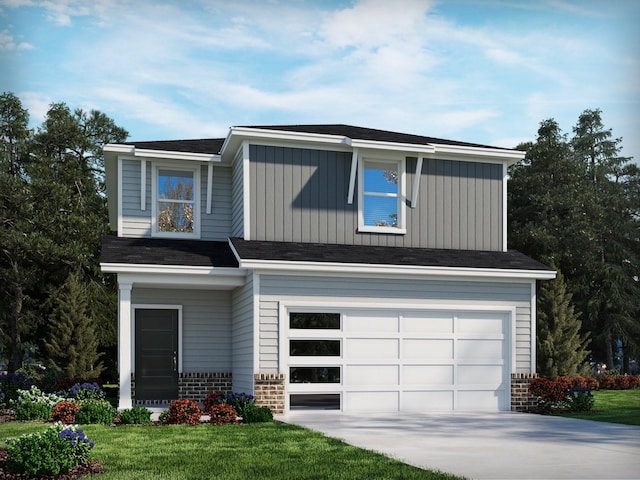 view of front of home featuring driveway, a front yard, and a garage